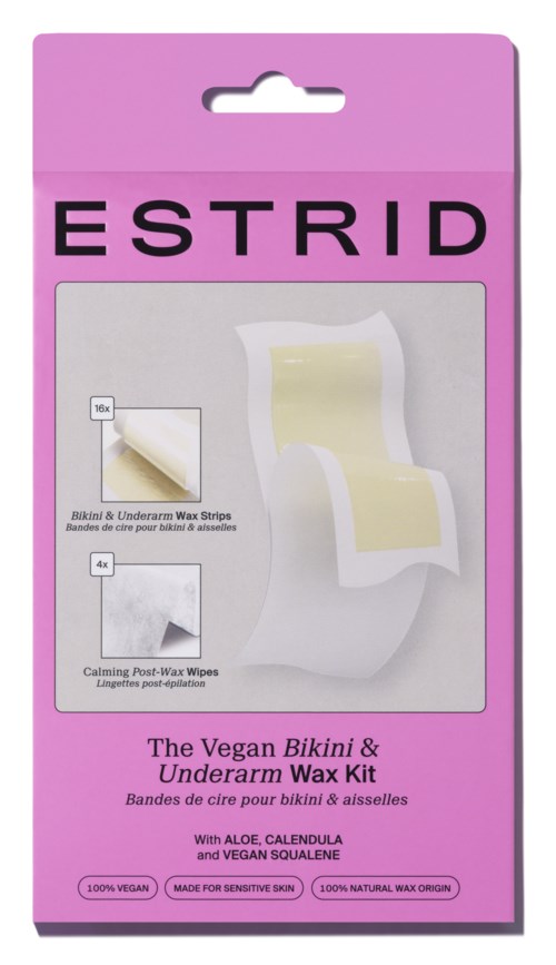 En rosa ask med vaxremsor för bikinilinje och lugnande ettervaxdukar, anpassade för känslig hud.
