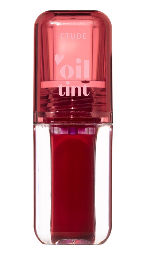 A small, clear bottle with red liquid inside, labeled as oil tint by Etude, with a pink cap.