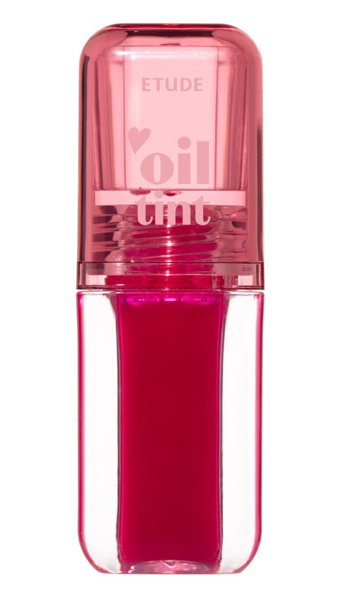 Een roze lipglossflesje met een doorzichtige onderkant en een ronde dop, gelabeld Etude Oil Tint.