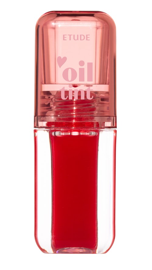 Ein Lip Tint in einem kleinen, transparenten rosa und roten Behälter mit pinkem Deckel. Text sagt Etude Oil Tint.