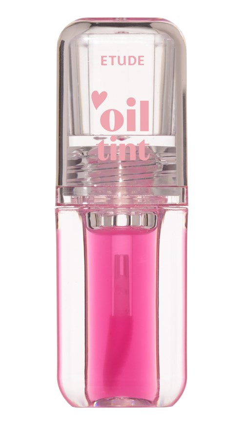 A pink and clear lip gloss tube with the words oil tint and a heart, by Etude. Clear cap and pink applicator.