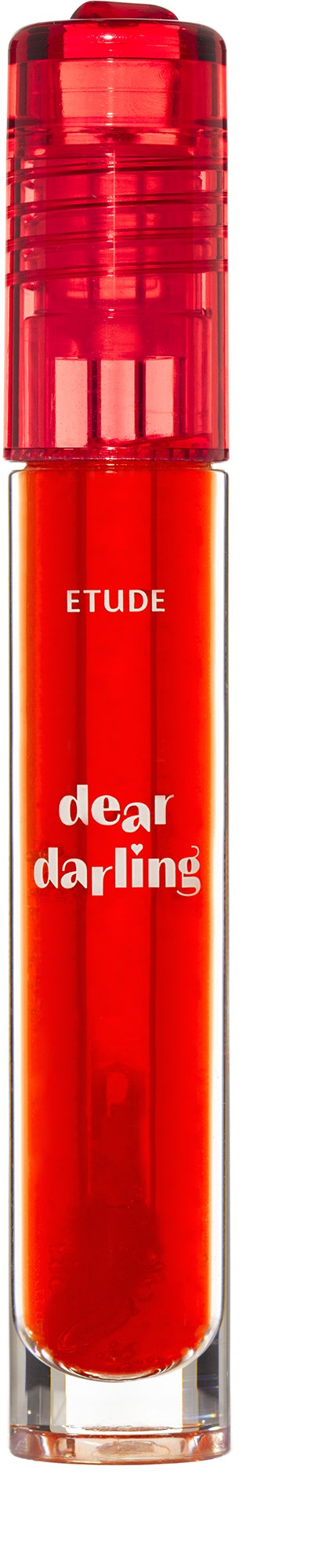 A red lip gloss tube with a clear cap and the words Etude and dear darling printed on it.