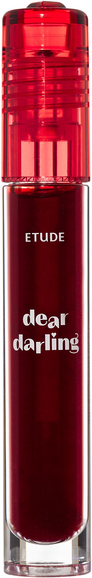 Een rood lipstick met doorzichtige huls, gemerkt Etude en Dear Darling, staat rechtop tegen een zwarte achtergrond.