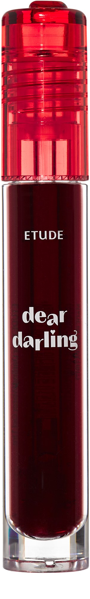 A red lip gloss or lipstick with the words Etude Dear Darling on a black background.