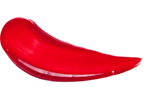 A red, curved object with a shiny surface, resembling a lipstick or a petal.
