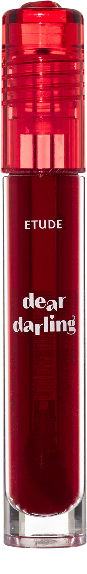 Een rode lipglosshuls met Etude Dear Darling label en doorzichtige dop die het product laat zien.