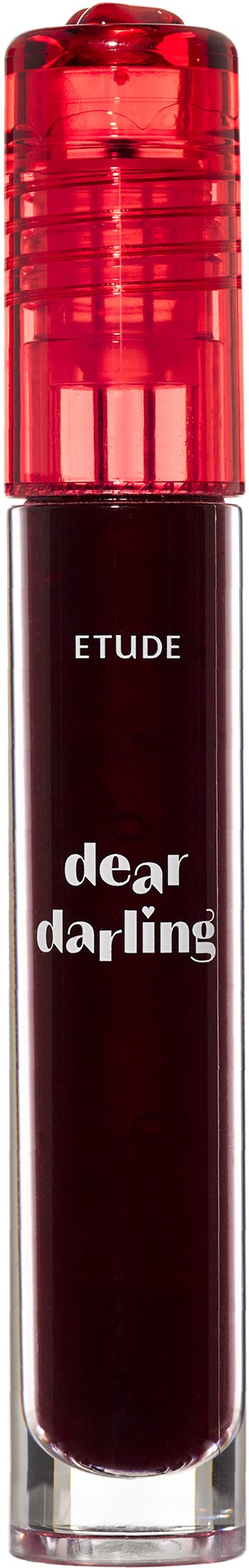 A dark red liquid lipstick with a red cap and white text on the tube that says ETUDE and dear darling.