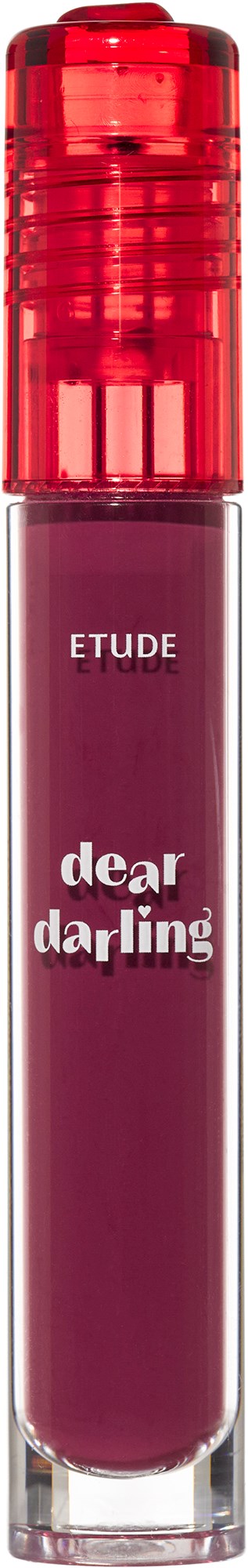 A lip gloss tube labeled ETUDE Dear Darling, with a red cap and pinkish lip gloss.