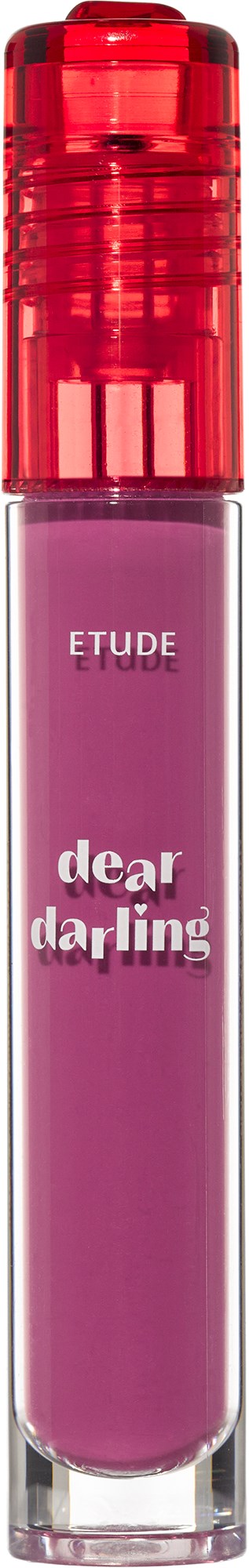 Lipgloss tube met doorzichtige body, roze gloss erin en rode dop. Het labelt Dear Darling.