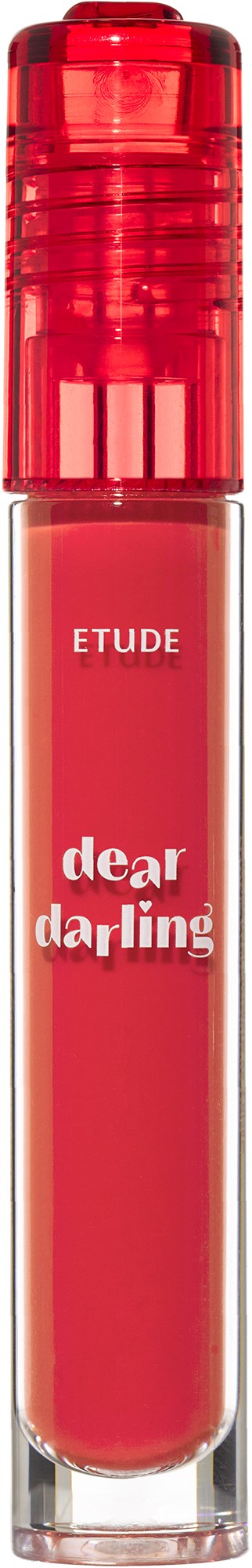 A red lipstick tube with a clear top, labeled Etude Dear Darling. It has a red cap and a visible lip gloss inside.