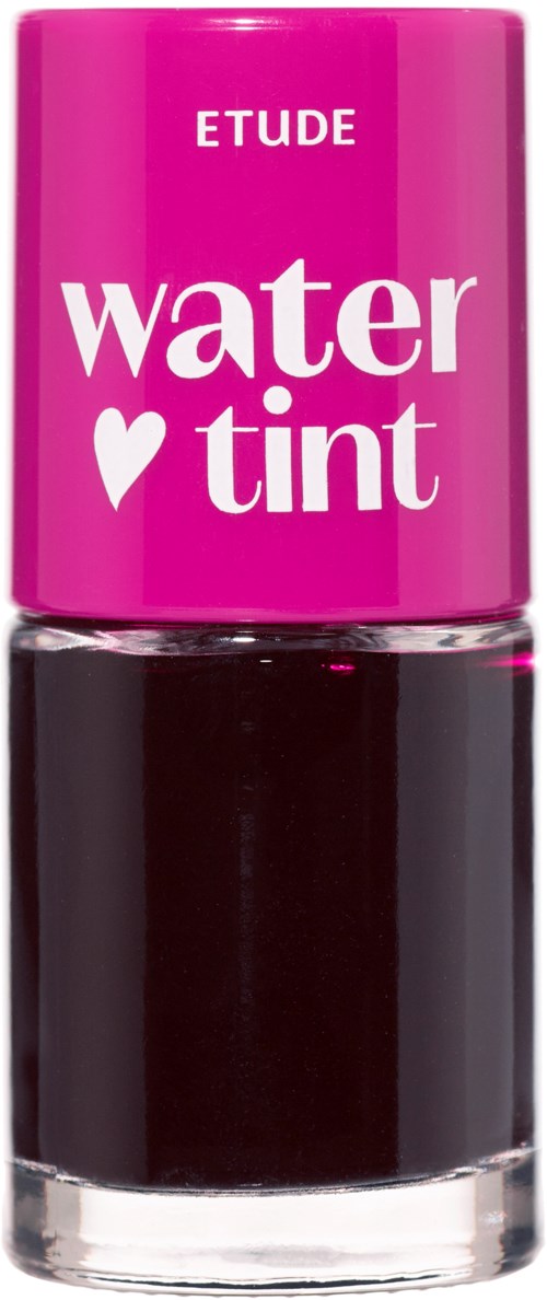 Pink bottle of Etude water tint with black liquid inside. The label shows the product and a heart symbol.