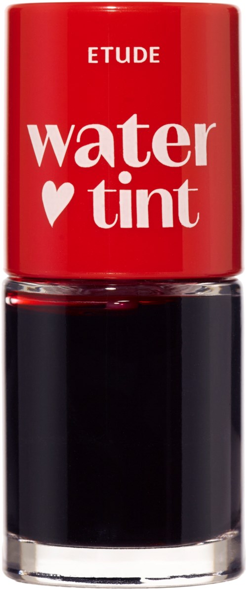Een klein flesje water tint make-up met een rood deksel en zwarte vloeistof.