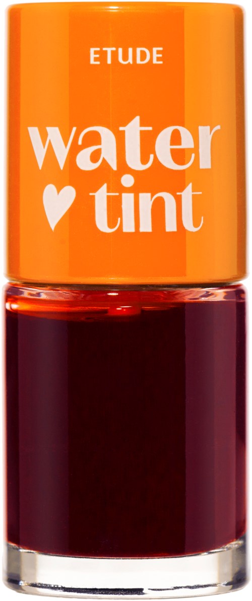 A small bottle with orange cap and dark red liquid inside, labeled Water Tint by Etude.