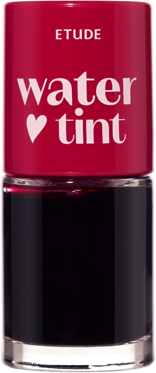 Een kleine fles watertint lippenstift met roze en zwart kleuren en eenvoudige tekst.