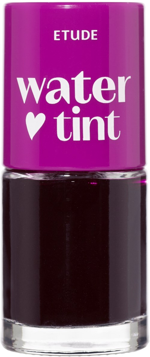 A nail polish bottle with a purple cap and dark polish inside. The label says Water Tint by Etude.