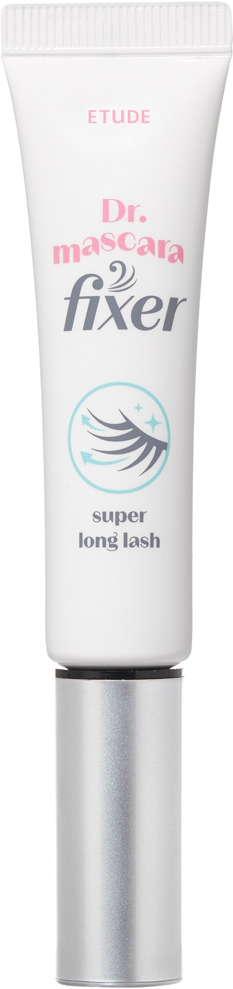 Een witte tube van Etude Dr. Mascara fixer voor superlange wimpers. De tube heeft zwarte en roze tekst en een klein ooglogo.