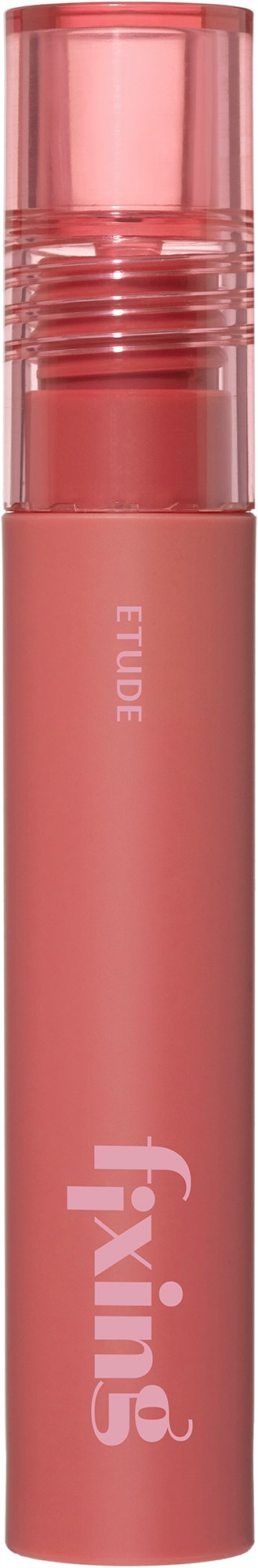 A pink lipstick tube with a clear cap, labeled Fixing and Eude, standing upright on a black background.