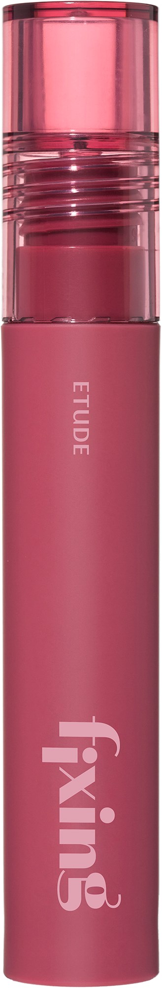 A pink cylindrical tube with a transparent cap, labeled Fixing and Fude on a black background.