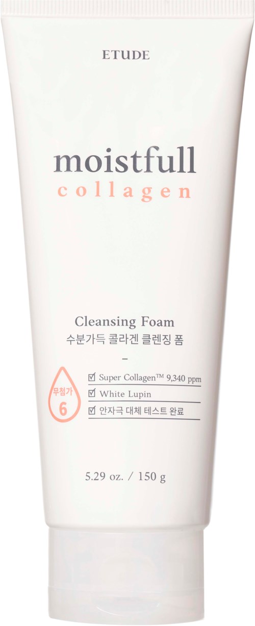 Een witte tube reinigingsschuim met 'Etude moistfull collagen' tekst in het Engels en Koreaans, toont maten en functies.