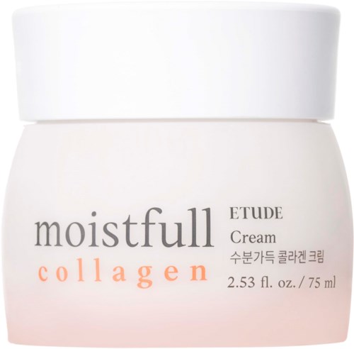 Biały słoik kremu Etude Moistfull Collagen z pomarańczowym i czarnym tekstem na froncie.