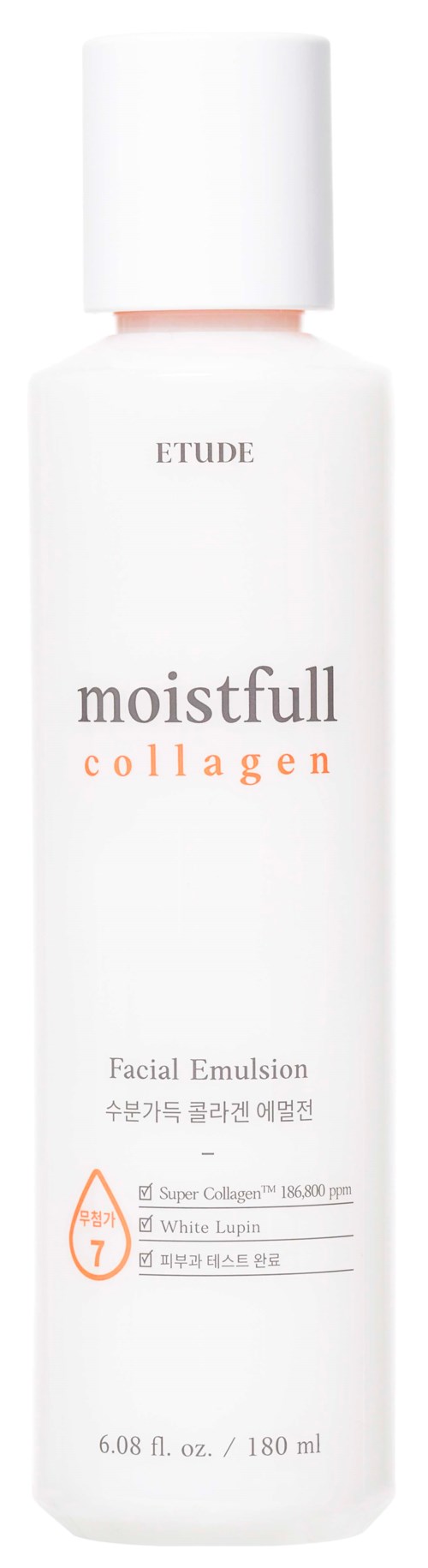 Een witte fles Etude Moistfull Collagen gezichtsverwerking met tekst en logo's.
