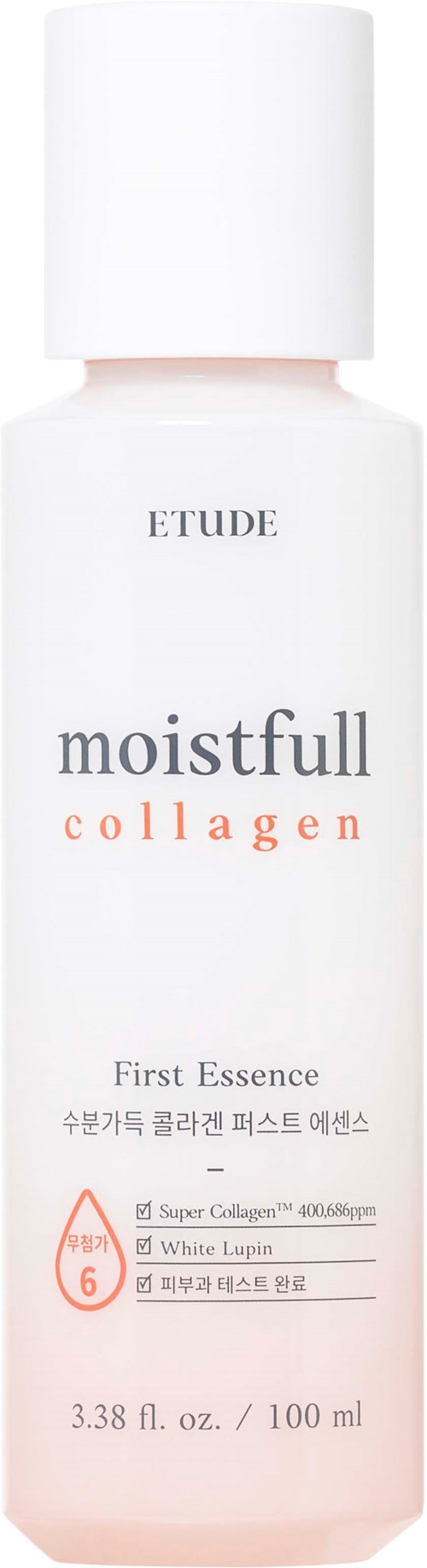 Een witte fles met label 'Etude Moistfull Collagen First Essence,' met eenvoudige tekst en kleine illustratie, 100 ml.