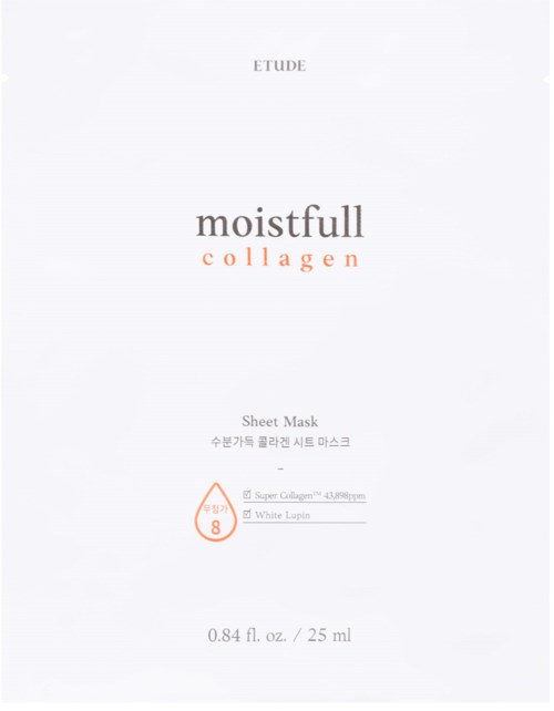 Een wit sheetmask verpakkingslabel met de woorden "moistfull collagen" en details over grootte en ingrediënten.