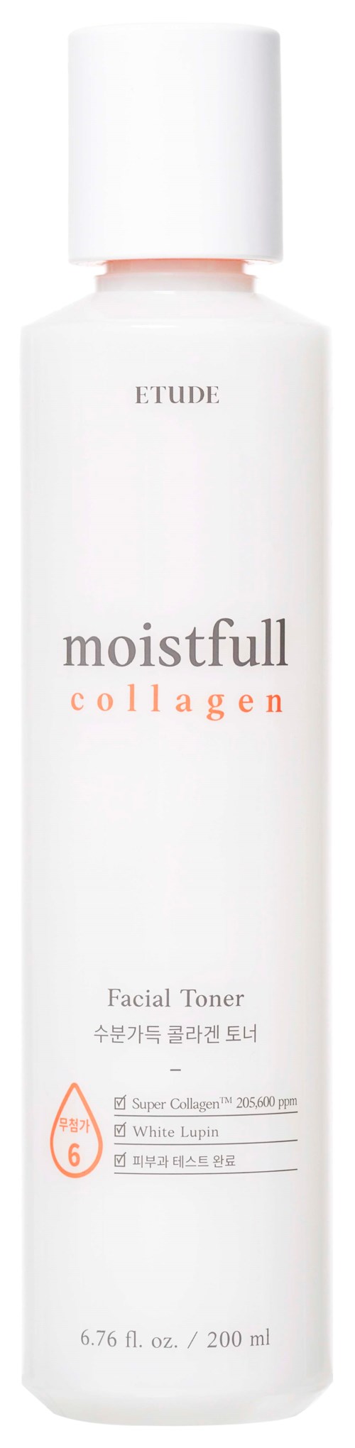 Een witte fles met een witte dop, gemarkeerd met 'ETUDE', promoten een collagen gezichts-toner genaamd 'moistfull collagen.'