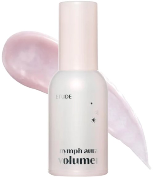 A white bottle labeled Etude with black text, and two pink gel patches behind it.