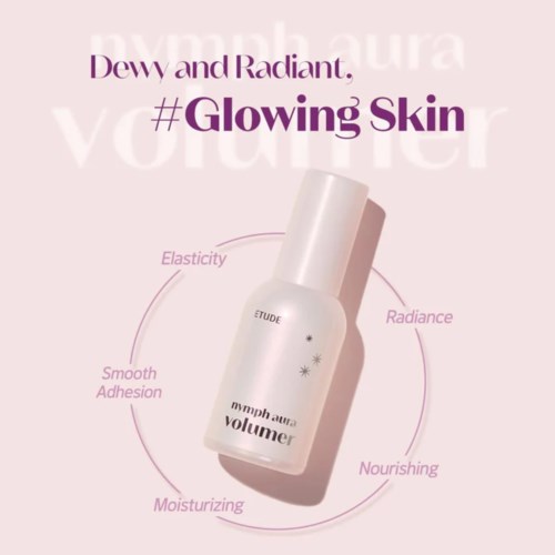 A skincare product bottle with text highlighting benefits like elasticity, radiance, nourishment, smooth adhesion, and moisturizing.