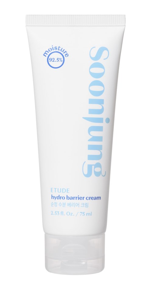 Witte tube van Etude Hydro Barrier Cream met blauwe tekst, geeft 92,5% vocht en 75 ml inhoud aan.