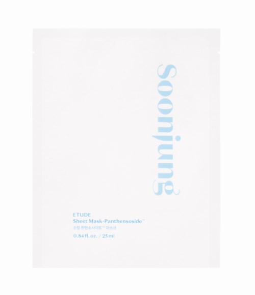 Een wit gezichtsmasker met blauwe tekst, genaamd 'ETUDE Snail soothing,' voor huidverzorging.