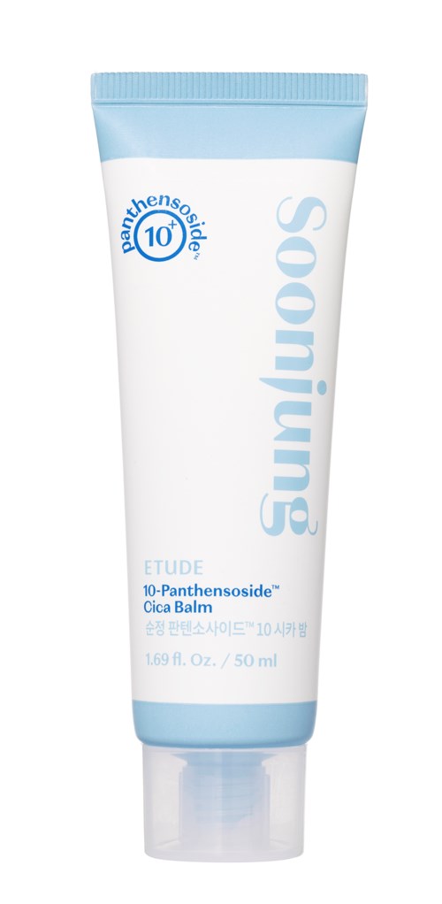 Een tube Etude 10-Panthenoside Cica Balm in blauwe en witte verpakking.