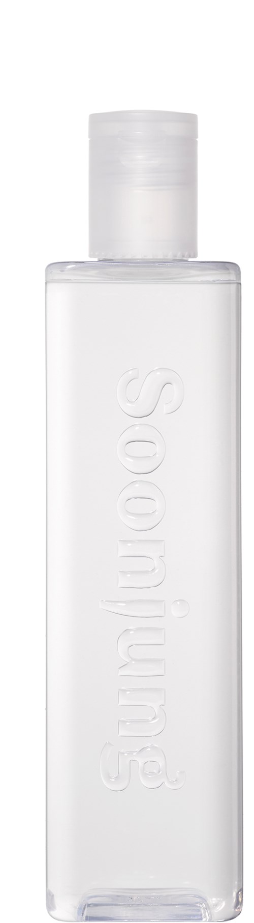 Een heldere, lange, rechthoekige fles met witte dop en embossed tekst 'squalane'.
