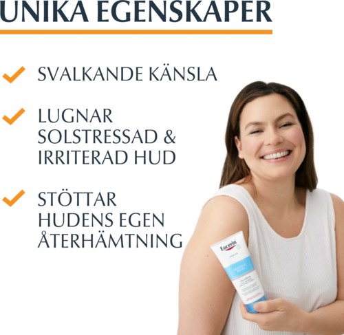 Eine lächelnde Frau in Weiß hält eine Hautpflege-Tube, mit schwedischem Text über Hautvorteile im Hintergrund.