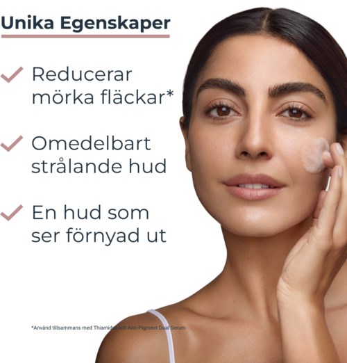 De afbeelding bevordert huidverzorgingsvoordelen, waaronder het verminderen van donkere vlekken, directe gloed en vernieuwde huidlook.