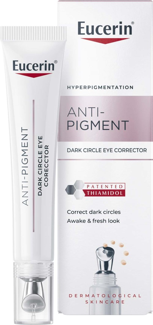 Eucerin anti-pigment donkere kringen oogcorrector in een witte tube en doos, richt zich op het verminderen van donkere kringen.