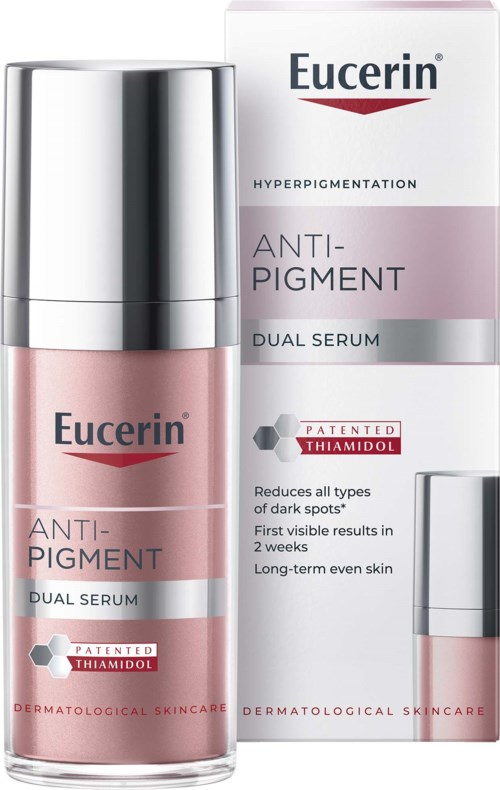 Een fles Eucerin anti-pigment dual serum met doos, die voordelen toont voor donkere vlekken en langdurige huidverbetering.
