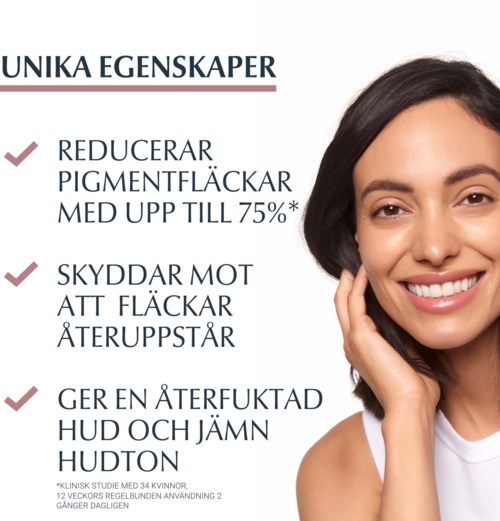 Tekst vat huidverzorgingsvoordelen samen: vermindert pigmentvlekken, beschermt tegen terugkeer, voor egale huid.