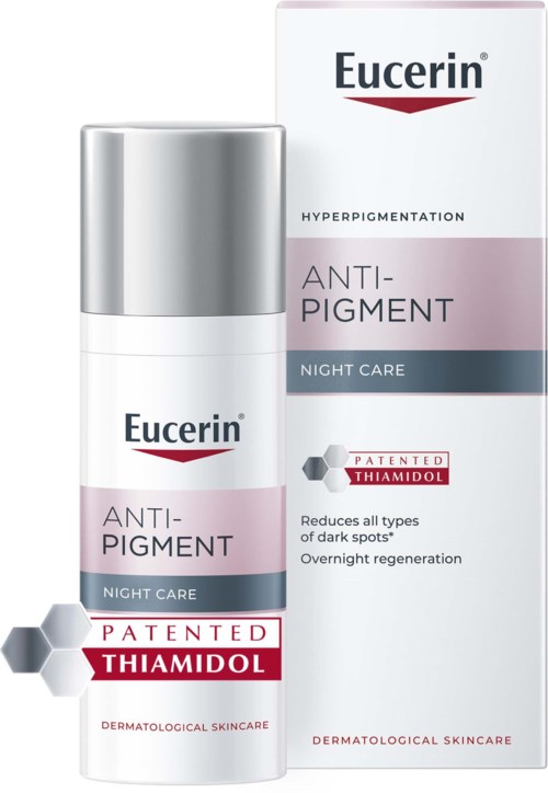 Eine Hautpflegeflasche und -box für Eucerin Anti-Pigment Night Care mit Thiamidol, gegen dunkle Flecken und Hautregeneration.