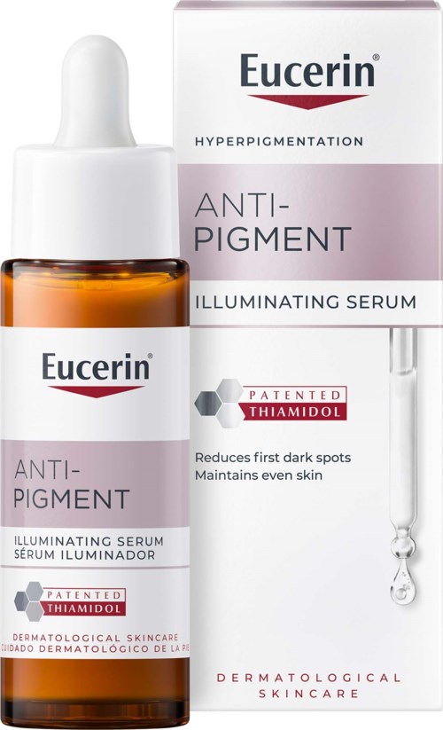 Een fles Eucerin anti-pigment serum met pipet en doos met productnaam en voordelen.