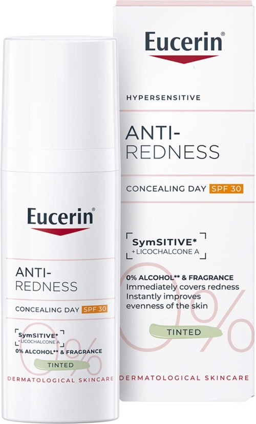 Eucerin Anti-Redness tinted cream for sensitive skin with SPF 30, instantly covering redness and improving skin tone.