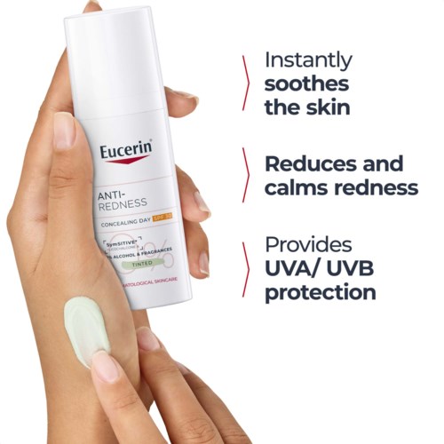 A hand applying sunscreen from a bottle, with text highlighting skin soothing and redness reducing benefits.