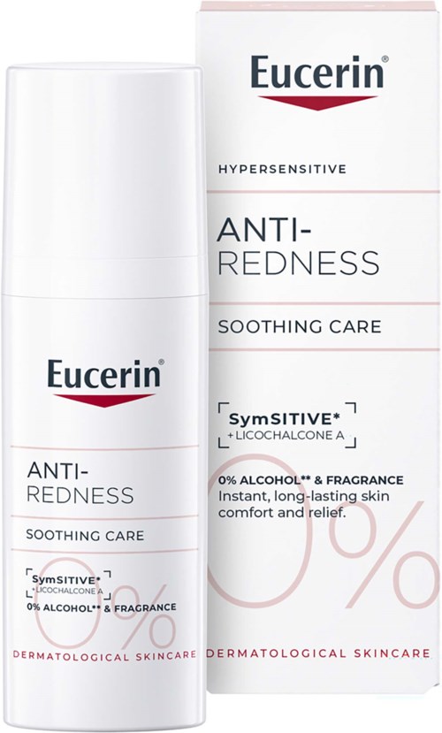 Eucerin anti-roodheid kalmerende verzorging voor gevoelige huid zonder alcohol, parfum en langdurige verlichting.