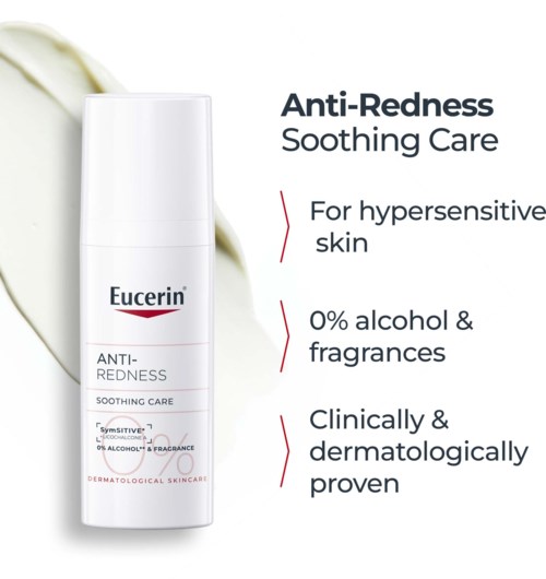 Eucerin Anti-Redness kalmerende verzorging voor overgevoelige huid, zonder alcohol en geurstoffen, klinisch en dermatologisch bewezen.