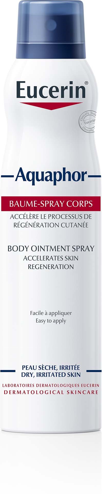Weiße und blaue Sprühdose mit Eucerin Aquaphor für trockene, irritierte Haut, leicht aufzutragen, fördert die Hautregeneration.