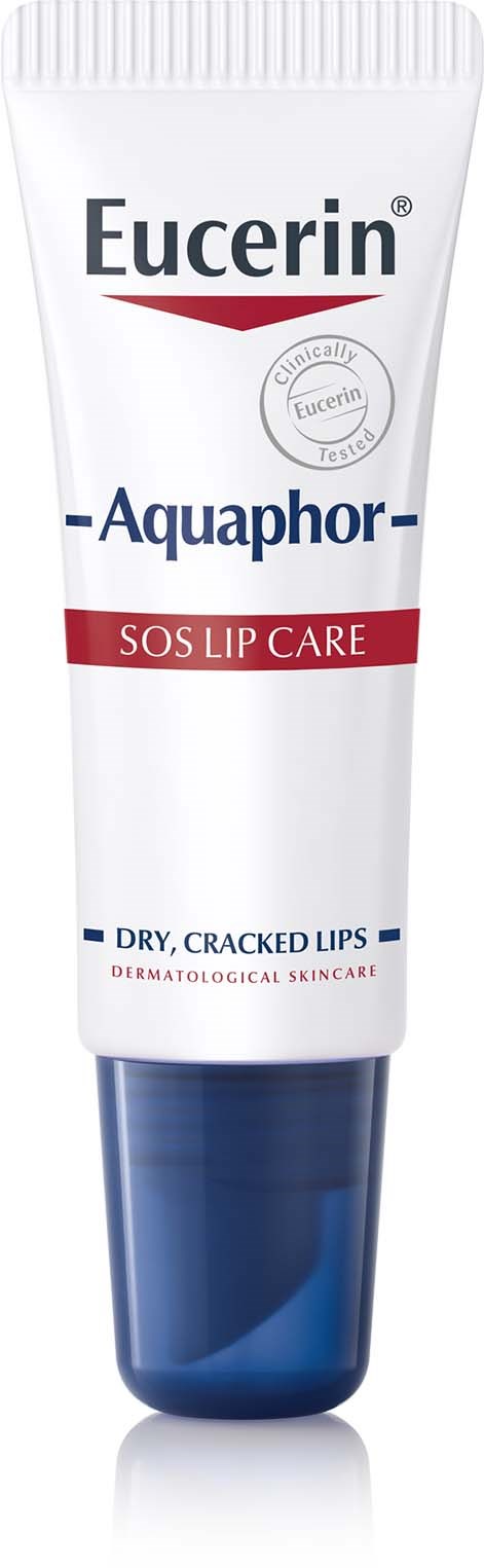 Eucerin Aquaphor SOS Lip Care voor droge, gebarsten lippen in een witte en blauwe tube.
