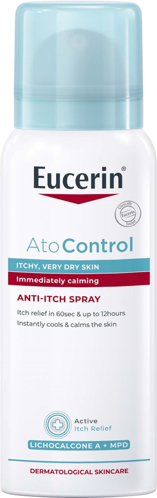 Eine weiße Sprühflasche mit blauer Kappe, gekennzeichnet mit Eucerin AtoControl, Anti-Juckreiz-Spray für sehr trockene Haut. Beruhigt und kühlt die Haut.