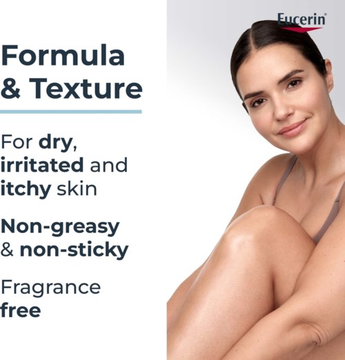 Eucerin Hautpflegeprodukt für trockene, gereizte, juckende Haut, nicht fettend, parfumfrei, mit einem Frauenbild auf der rechten Seite.