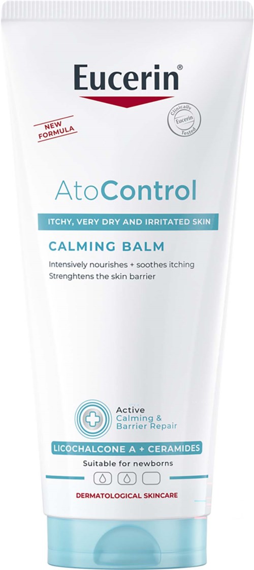 Weiße Tube Eucerin AtoControl Calming Balm bei juckender, trockener Haut, geeignet für Neugeborene, mit beruhigenden, nährenden Inhaltsstoffen.